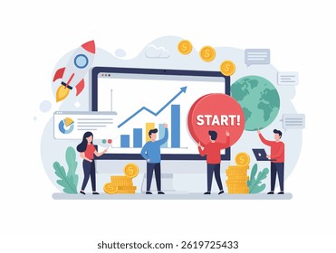 Flat vector illustration depicting a business startup and growth concept. A team collaborates around a large monitor displaying an upward trending graph, with a launching rocket symbolizing progress