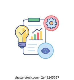 Flat vector illustration depicting business strategy elements like a lightbulb, gear, eye, and a clipboard, set against a White Background.