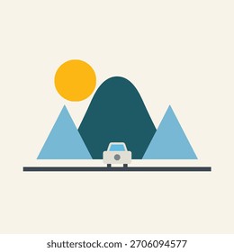 A flat vector illustration depicting a car driving on a road with mountains and a sun in the background, featuring teal, blue, yellow, and white fills.