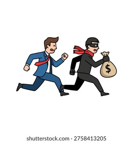 Flat vector illustration depicting a chase scene with a thief carrying a money bag and a businessman pursuing. Ideal for finance, security, or corporate concepts.