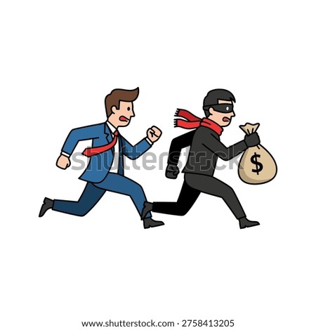 Flat vector illustration depicting a chase scene with a thief carrying a money bag and a businessman pursuing. Ideal for finance, security, or corporate concepts.