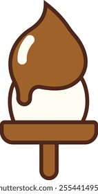 Flat vector illustration depicting a chocolate-dipped ice cream cone. The ice cream is shown with a brown chocolate coating on top, which has a glossy highlight.