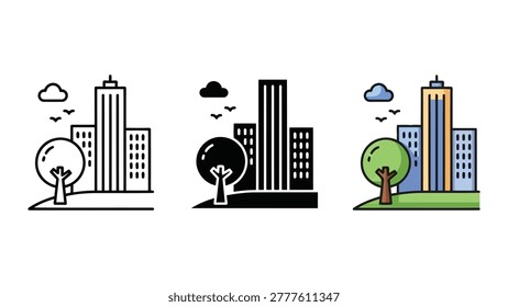 A flat vector illustration depicting a cityscape with modern buildings, a green tree, and a cloudy sky. The image is presented in three distinct styles: outline, silhouette, and color.
