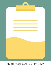 Flat vector illustration depicting a clipboard with a document attached. The clipboard is primarily white with a yellow clip at the top and a yellow section at the bottom, resembling a filled area.