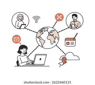 Uma ilustração vetorial plana que representa o conceito de comunicação global e tecnologia de rede. Um globo central está interconectado por linhas pontilhadas a vários elementos: uma mulher usando um laptop, dois 