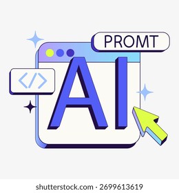 Flache Vektorgrafik, die das Konzept einer Eingabeaufforderung für künstliche Intelligenz darstellt. Modernes digitales Design, das KI-Kreativität, intelligente Technologie und Mensch-Maschine-Interaktion zeigt.