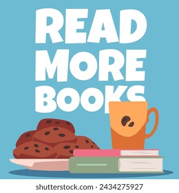 Flat vector illustration depicting a cozy scene with a plate of cookies and a mug standing on a stack of books. Ideal for Book Day promotions. Flyer with place for text.