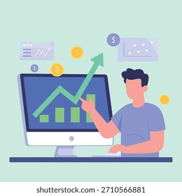 Una Ilustración vectorial plana que representa a un inversor de criptomonedas analizando con éxito el mercado. Un hombre sonriente está apuntando a una pantalla de computadora que muestra una flecha verde aguda y ascendente y un gráfico de barras