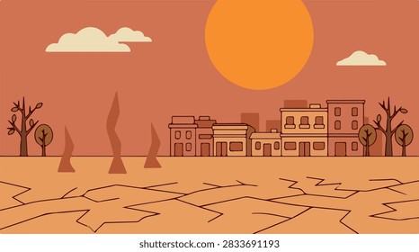 A flat vector illustration depicting a desolate, drought-stricken landscape with cracked earth, bare trees, and a small town under a hot sun.