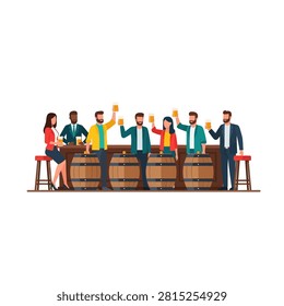A flat vector illustration depicting a diverse group of friends or colleagues enjoying a social gathering at a bar. They are standing and sitting around a bar counter, raising their beer mugs in a celebratory toast. The scene includes wooden barrels as decorative elements and bar stools on either side, set against a clean white background.