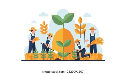 Flat vector illustration depicting a diverse team of farmers in blue overalls and straw hats harvesting golden wheat and planting green seedlings in a rural field environment.