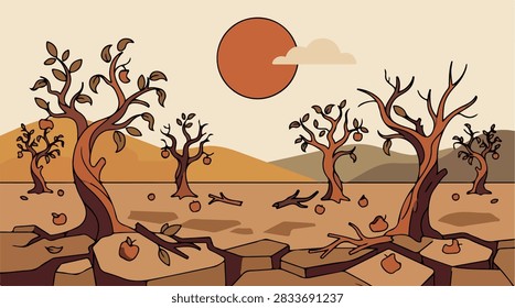 A flat vector illustration depicting a drought-stricken landscape with cracked earth, dying trees, and a setting sun in a muted retro color palette.