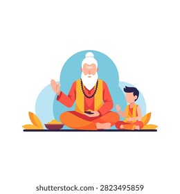 A flat vector illustration depicting an elderly Indian sage with a long white beard and orange robes sitting cross-legged next to a young boy. The guru is gesturing as if teaching or blessing, while the boy listens attentively in a similar meditative pose. The scene represents the traditional guru-shishya relationship, set against a simple background with spiritual elements.