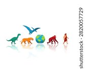 A flat vector illustration depicting the evolution of life on Earth. The sequence features a green dinosaur, a flying blue pterodactyl, an orange saber-toothed tiger, a globe of the Earth, a red ape, and a caveman. Each element has a soft reflection beneath it on a clean white background, symbolizing the progression of species through time.