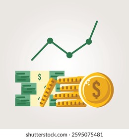  A flat vector illustration depicting financial growth with stacks of cash, gold coins, and an upward-trending line graph. Ideal for investment, business, and economic concepts.