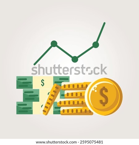  A flat vector illustration depicting financial growth with stacks of cash, gold coins, and an upward-trending line graph. Ideal for investment, business, and economic concepts.