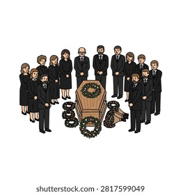A flat vector illustration depicting a group of mourners dressed in black standing around a wooden coffin at a funeral service. The scene includes floral wreaths on the casket and the ground, representing a somber memorial gathering of family and friends paying their final respects.
