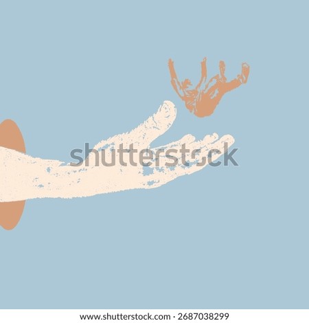 A flat vector illustration depicting a hand spread wide open to catch someone who is about to fall. Skin tones and blue create a perfect combination.