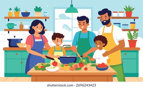 Flat vector illustration depicting a happy and diverse family cooking together in a modern kitchen. Two parents and two children (a boy and a girl) are preparing a healthy meal, chopping vegetables an