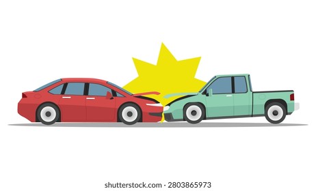 Flat vector illustration depicting a head-on car crash collision. A red sedan and a green pickup truck smash together. Car hood is open. With a yellow explosion flash isolated on a white background.