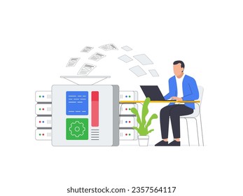 Flat vector illustration depicting a journalist utilizing AI technology to combat fake news and ensure accurate reporting