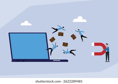 Flat vector illustration depicting a large laptop attracting people with briefcases using a magnet, symbolizing talent acquisition or recruitment