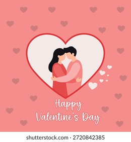 A flat vector illustration depicting a loving couple embracing inside a large white heart outline, set against a pink background patterned with small hearts. Text reads 'Happy Valentine's Day'.