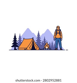 A flat vector illustration depicting a male hiker standing next to his orange tent and a blazing campfire. The scene is set against a backdrop of pine trees and purple mountains, capturing the essence of outdoor adventure and wilderness camping in a clean, modern style.