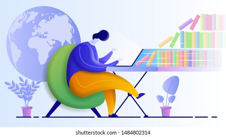 Flat vector illustration depicting a man studying at home. Online education design concept. Male character sitting in front of the laptop and learning remotely. Online training, lesson, webinar.