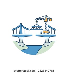 A flat vector illustration depicting the ongoing construction of a bridge over a river with a crane and a worker.