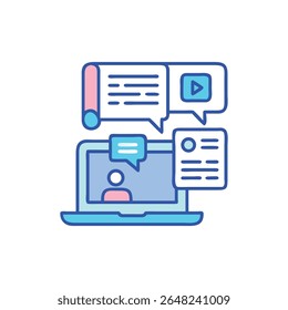 Flat vector illustration depicting online collaboration with laptop and communication bubbles. Clean modern style with light colors on White Background.