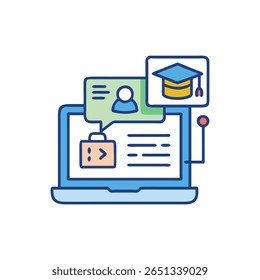 Ilustración vectorial plana que representa el aprendizaje en línea con una computadora portátil, interfaz de programación y símbolos de graduación para una experiencia educativa moderna.
