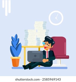 Flat vector illustration depicting an overworked and stressed businessman slumped at his desk with piles of papers. 