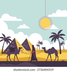 Flat vector illustration depicting a person in traditional clothing leading camels through a vast desert landscape, with iconic pyramids and palm trees under a clear, sunny sky.