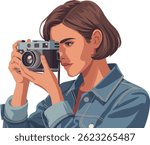  flat vector illustration depicting a professional photographer with a vintage Leica M6 camera. The photographer, a young woman with short brown hair and wearing a denim jacket.