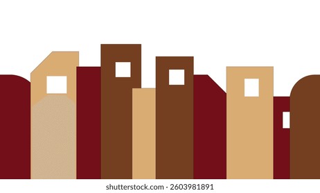 A flat vector illustration depicting a row of city buildings in a minimalist style with a color palette of brown and beige tones. 