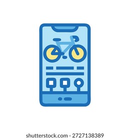 Ilustração de vetor plano representando um aplicativo de smartphone para serviços de compartilhamento de bicicletas, mostrando locais de bicicletas em um mapa. Estilo minimalista e moderno.