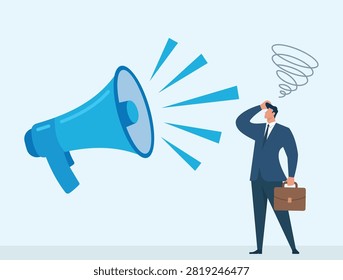 Flat vector illustration depicting a stressed worker experiencing mental fatigue and confusion from loud corporate communication