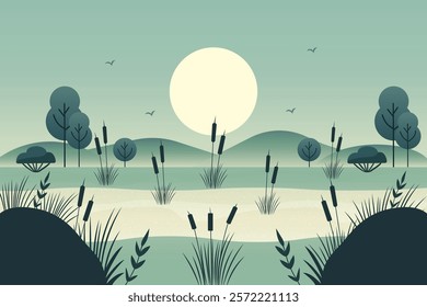 flat vector illustration depicting swampy area with reeds in moonlight