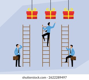 Ilustración vectorial plana que representa a tres hombres de negocios con maletines que usan escaleras para alcanzar cajas de regalo colgantes, simbolizando diferentes enfoques para lograr oportunidades