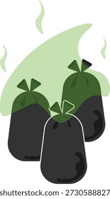 A flat vector illustration depicting three black plastic garbage bags emitting a strong, foul odor represented by green vapor clouds and wavy steam lines.