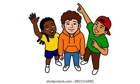 A flat vector illustration depicting three diverse children—a girl and two boys—looking up with curiosity and excitement. One boy points towards the sky while the girl waves, all set against a clean white background. The characters represent different ethnicities and are dressed in bright, casual clothing.