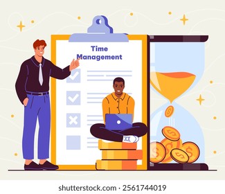 Flat vector illustration depicting time management. Clipboard with tasks, person working on laptop, hourglass with coins, and presenter pointing at clipboard. Concept of productivity and efficiency