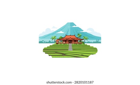 A flat vector illustration depicting a traditional Indonesian wooden house nestled among lush green rice terraces. In the background, a majestic blue mountain rises under a cloudy sky, framed by tropical palm trees. The scene captures the serene and iconic landscape of Bali, featuring tiered agricultural fields and traditional architecture.
