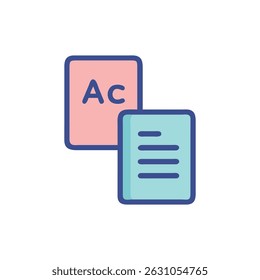 Flat vector illustration depicting translation services with a pink document and a light blue document with sample text.