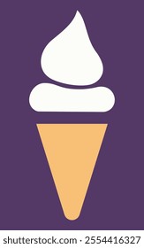 Flat vector illustration depicting a vanilla soft serve ice cream cone. The ice cream is white and swirled, sitting atop a light orange cone.