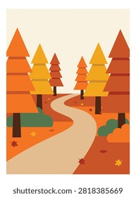 A flat vector illustration depicting a winding path through a colorful autumn forest with stylized orange and yellow trees.