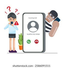 Flat vector illustration depicting a woman receiving a suspected spam call on her smartphone, with a cartoon thief lurking behind a giant phone