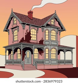A flat vector illustration depicts a charming, vintage Victorian-style house set against a warm, soft sunset backdrop. The multi-story home features ornate architectural details, including a steep pitched roof with textured shingles, a cozy front porch, a red brick chimney, and multi-pane windows glowing with warm interior light. Climbing green foliage frames the dusty-rose and cream facade, complemented by a muted vintage color palette of sage green, terracotta, and soft yellows.