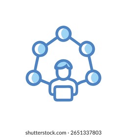 Flat vector illustration depicts a figure connected to a networking system. Features light blue colors against a White Background.